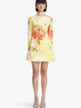 LEO LIN Aliza Crystal Embellished Yellow Floral Print Long Sleeve Mini Dress